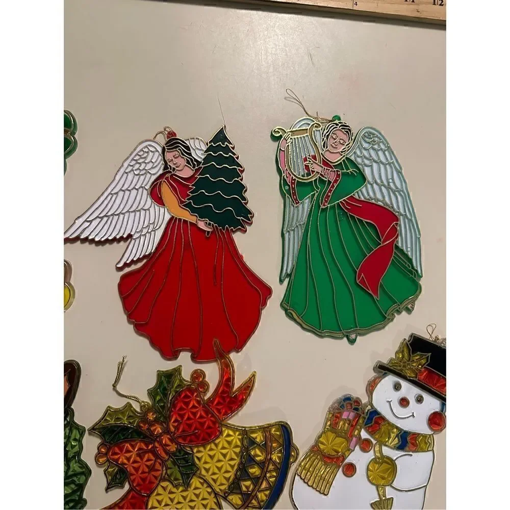 VINTAGE LARGER STAINED GLASS LOOK WINDOW ORNAMENT SUNCATCHERS CHRISTMAS MCM